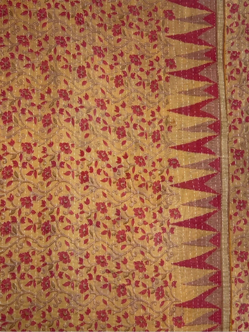 Vintage Handmade Printed Kantha Quilt India Sari Throw Blanket Twin 52x80